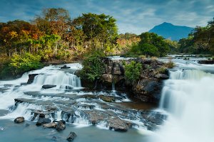The serene Tad Lo waterfall surrounded by lush vegetation, located in the Bolaven Plateau which was named after the Laven ethnic group which has historically dominated the region.