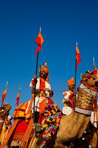 Men wearing ceremonial clothing and riding colourfully decorated camels during the annual Jaisalmer Desert Festival, a showcase of Rajasthani folk culture and arts.