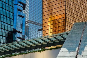 A close up view of the Far East Finance Centre, the Lippo Centre, the Bank of China and the ICBC Tower, all located in the Central district of Hong Kong Island.