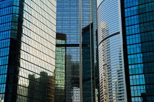 A close up view of numerous skyscrapers, located in the Admiralty District on Hong Kong Island.