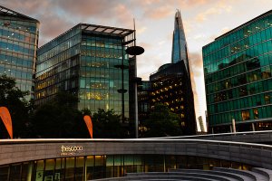 Modern architecture, including the Shard, situated around More London Place, located in the Southwark Borough of London.