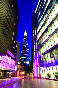 The Shard, the tallest building in Western Europe as seen from More London Place, located in the Southwark Borough of London.
