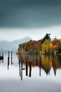 Autumn by Derwent Water, as seen from Lakeside, located within the English Lake District National Park.