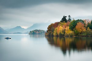 Autumn by Derwent Water, as seen from Lakeside, located within the English Lake District National Park.