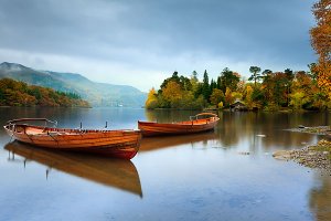 Boats on Derwent Water, as seen from Lakeside, located within the English Lake District National Park.